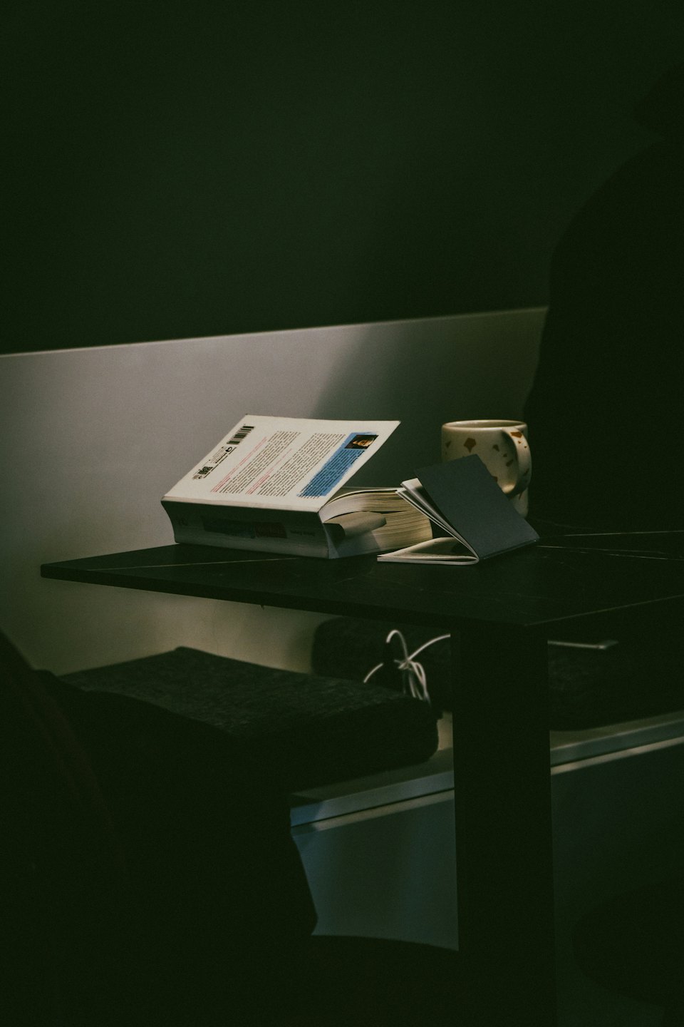 Open book, notebook, and mug on a table.